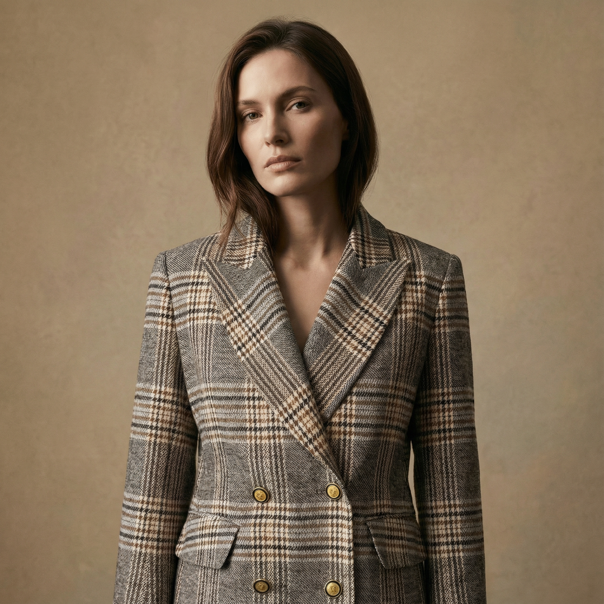 Woman wearing a plaid blazer against a beige background