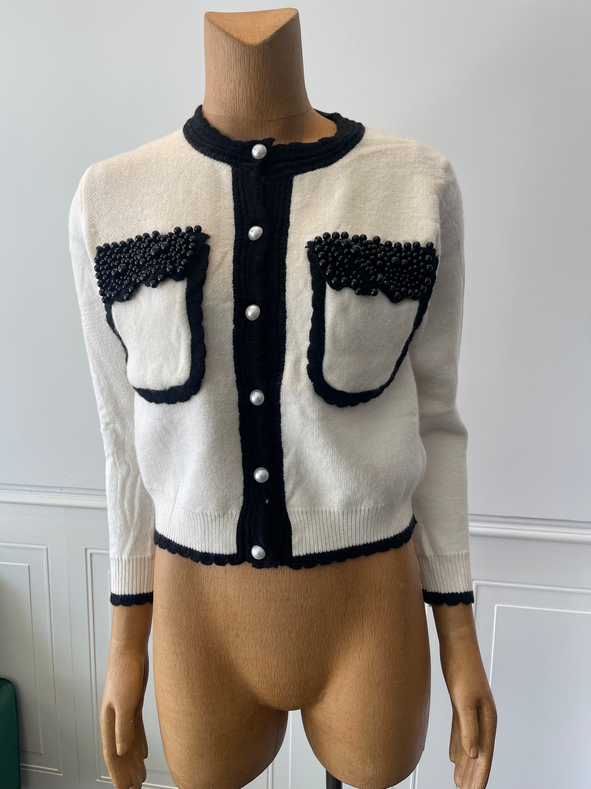 Black and White Cardigan with Pearl Pockets