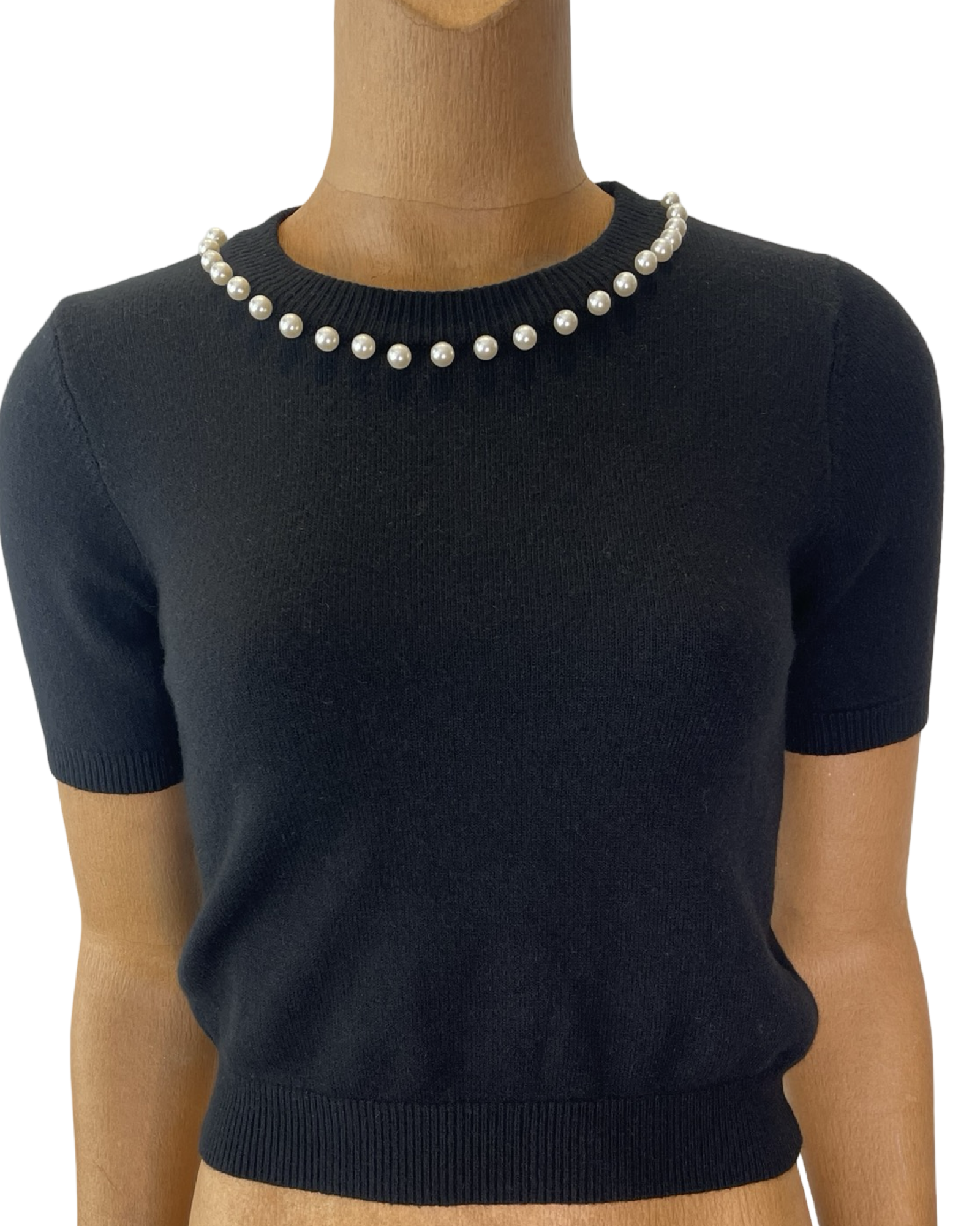 Cropped Crewneck Sweater with Pearls- Black