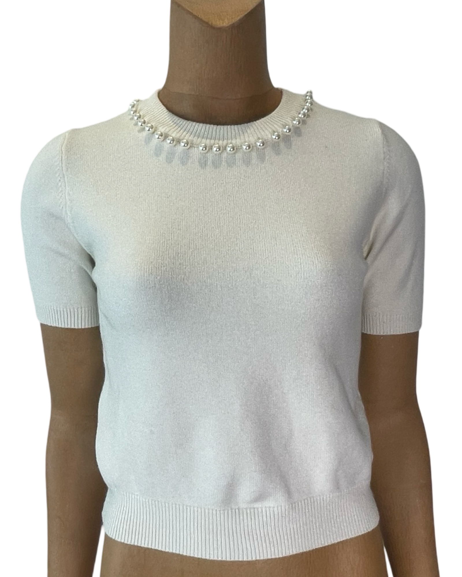 Cropped Crewneck Sweater with Pearl Neckline