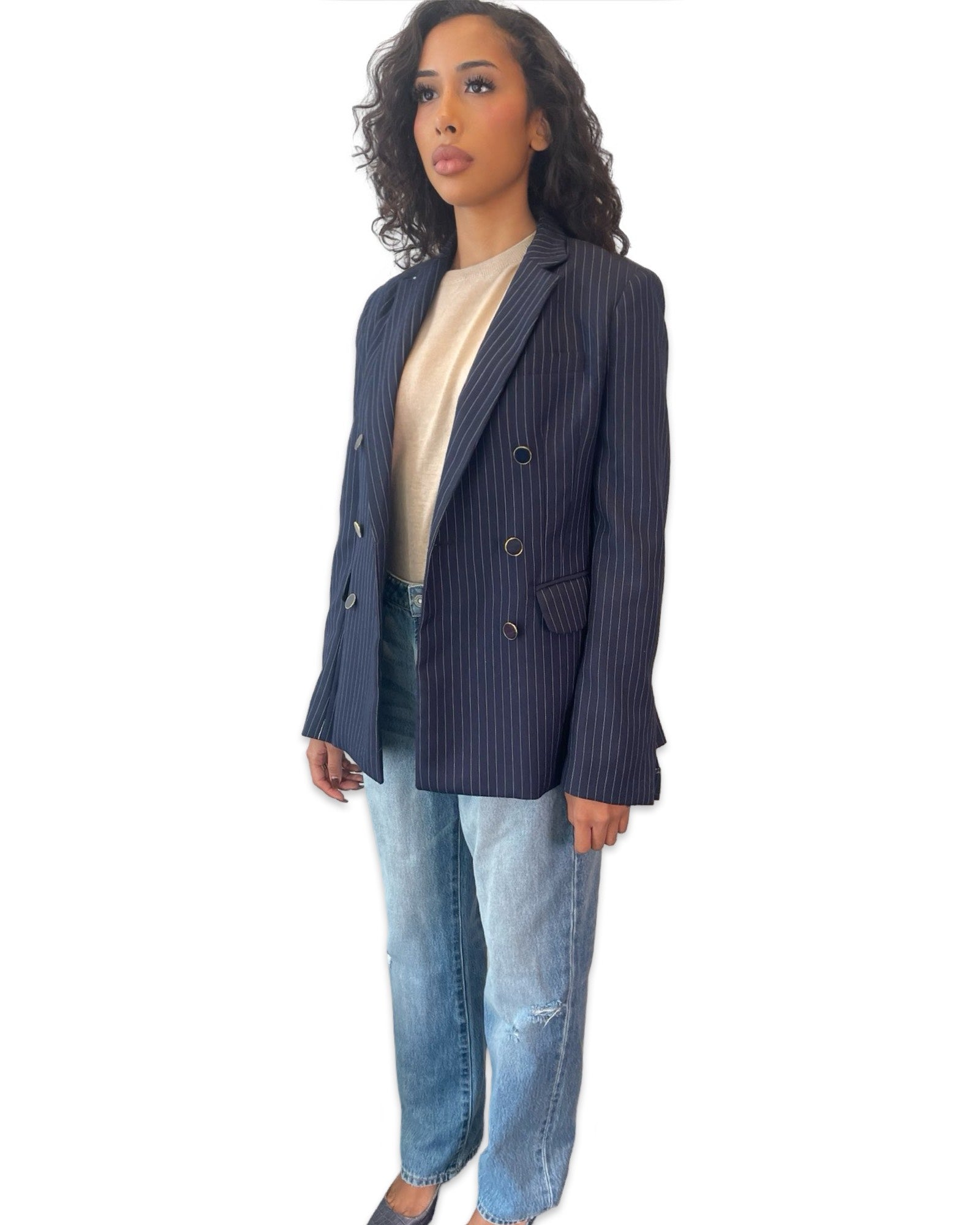 Navy Pinstripe -Double Breasted Blazer